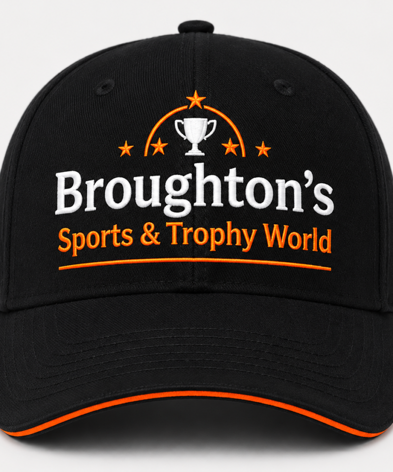 Broughton’s Sports & Trophy World Black Baseball Cap – Adjustable Sports Hat